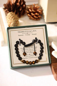 Rakhi Hamper (set of 4) - 13 Lava & Tiger Eye bracelet , Black Onyx Necklace, Flower t-Light, Concrete planter