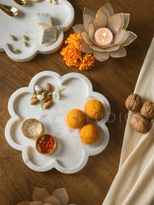 Handcrafted Flower Shape White Marble Tray | Decorative Item and Serving Tray | Ideal New Home Gift