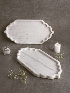 Mughal handcrafted marble tray or platter serve ware table top decor by Kaksh Studio