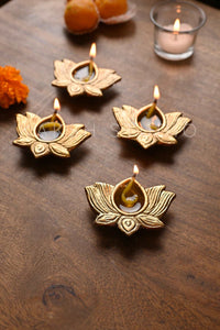 Lotus shape festive metal diya set of 4